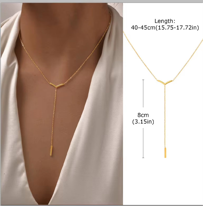 Stainless Steel Lariat Necklace Gold Plated, Dainty Long Necklace Laryered Necklaces for Women Girls, Y Shape Drop Pendant